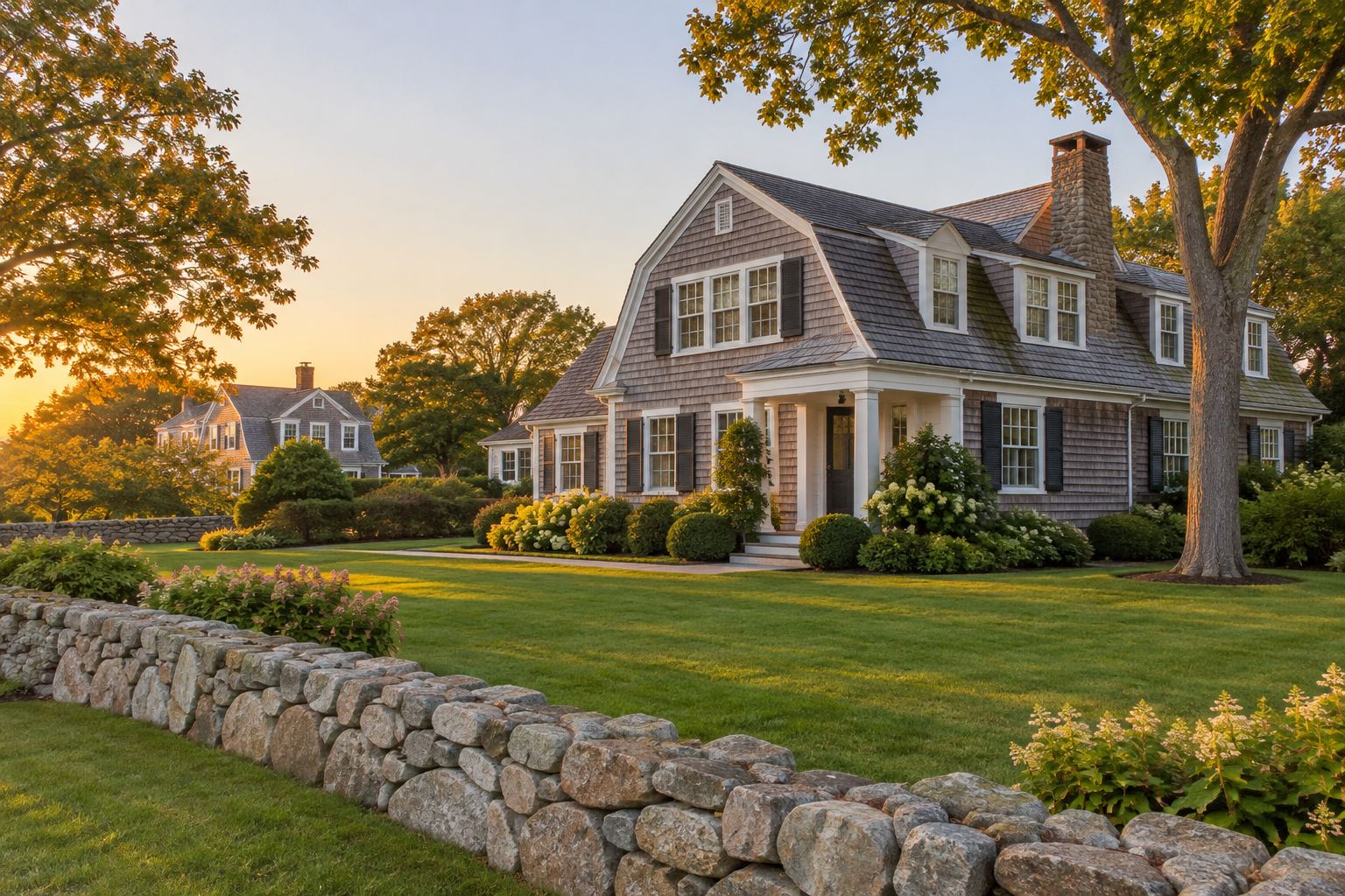 A shingled coastal Connecticut home with a stone wall and mature trees, illustrative