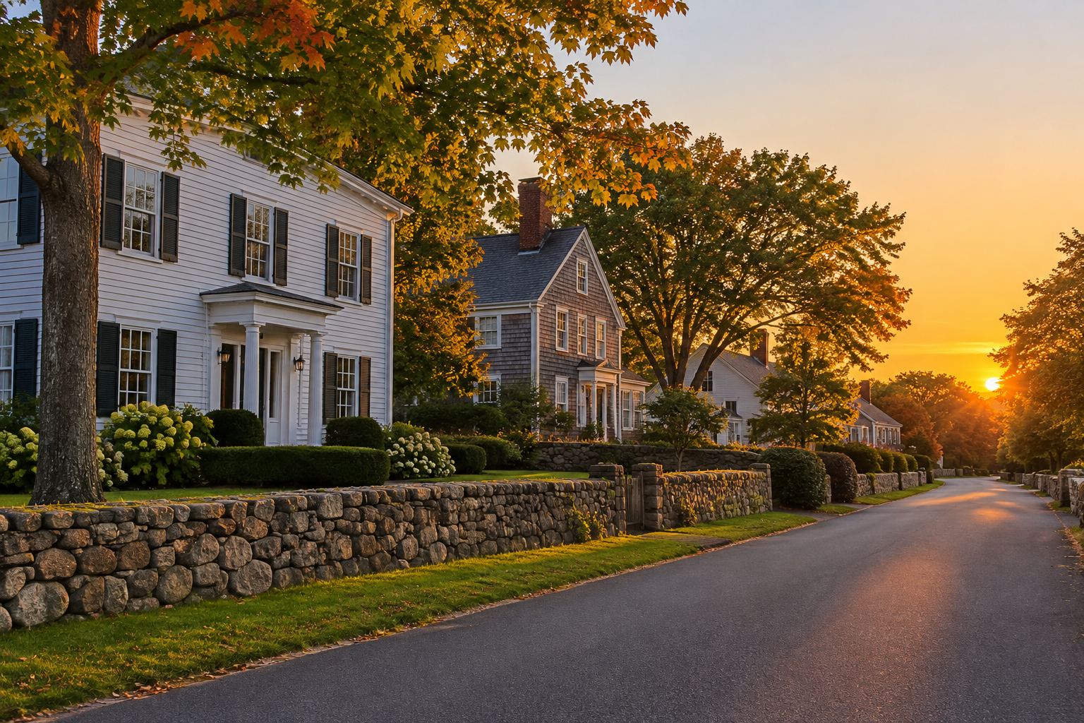 A Westport residential street at sunset, illustrative