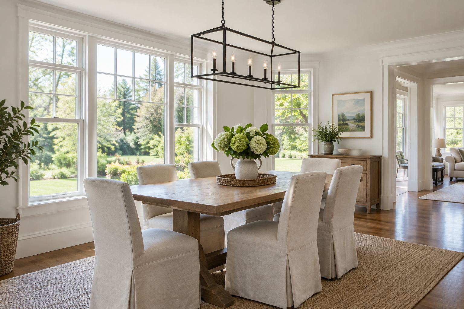 A bright dining room, illustrative